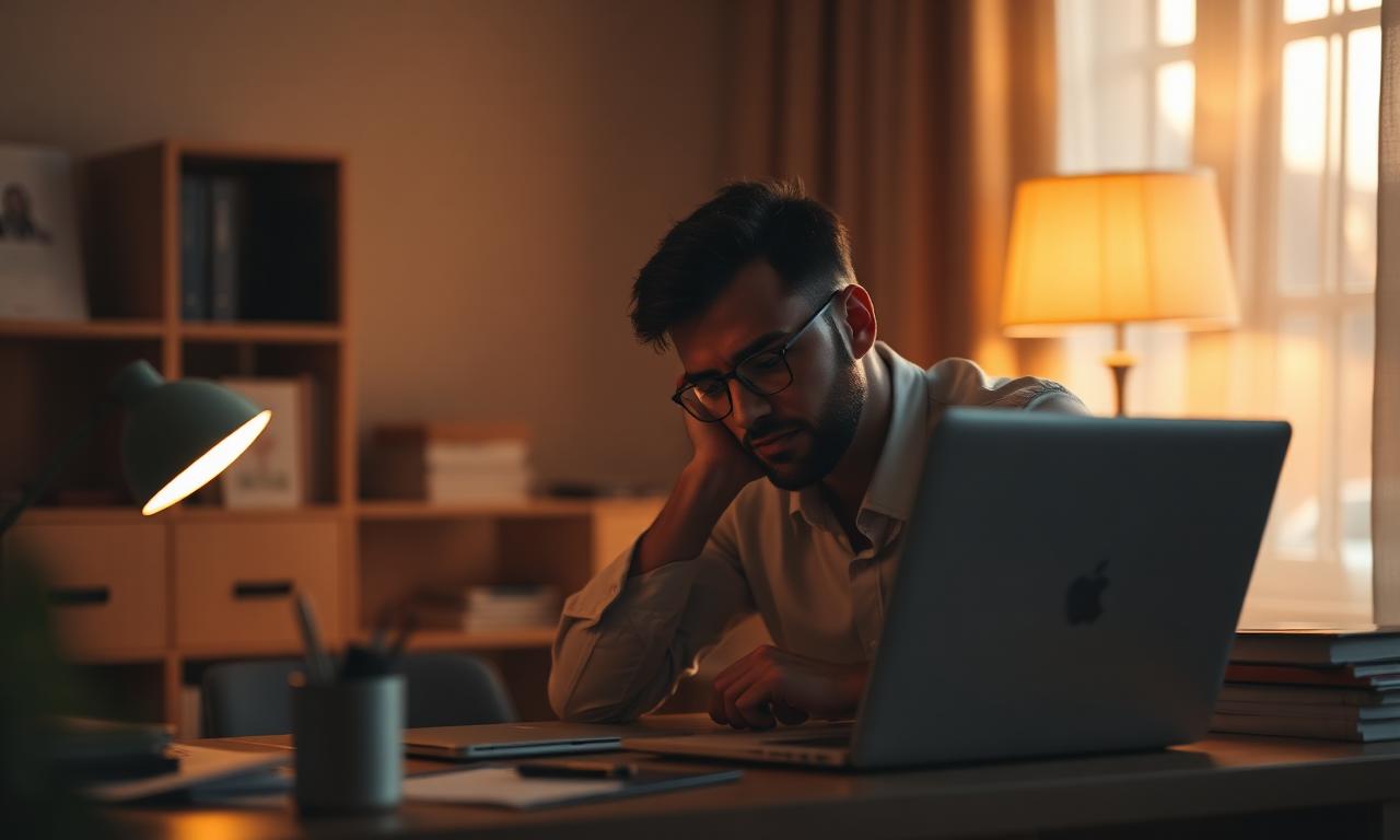 Unavený podnikatel u stolu večer pracující na notebooku
