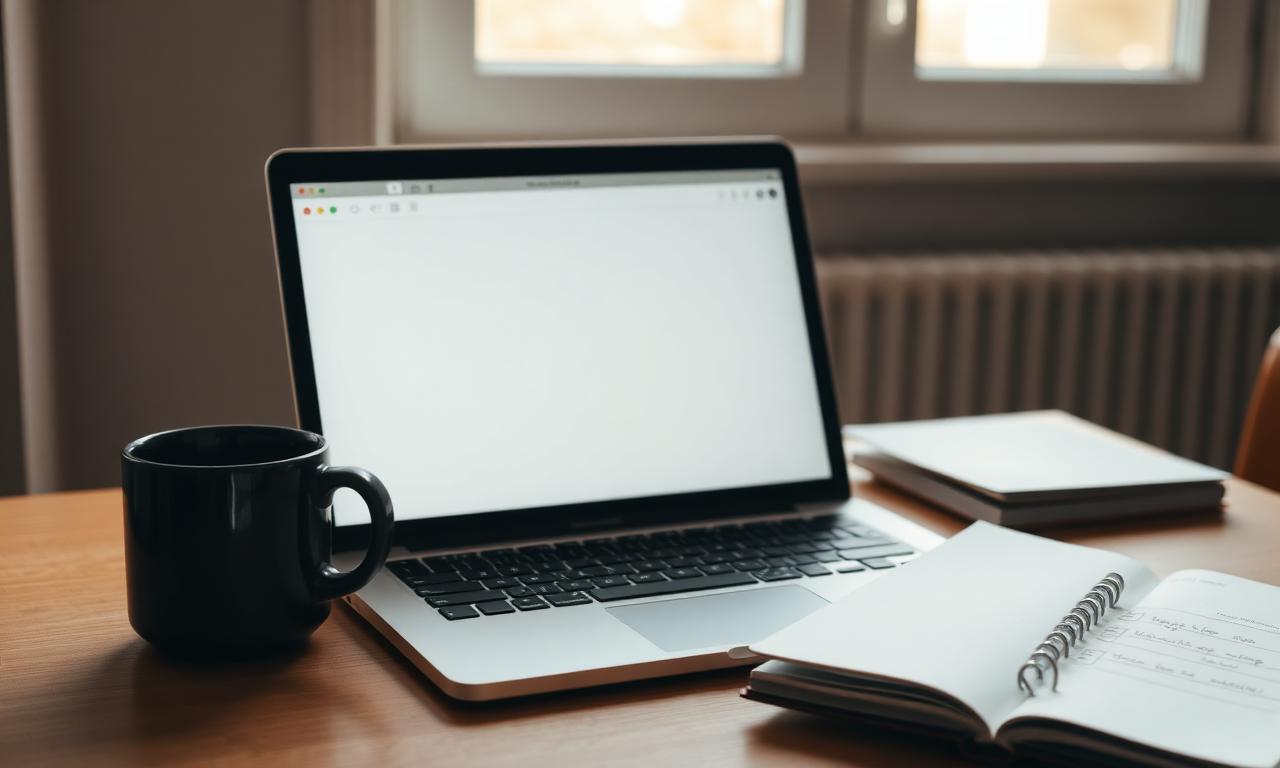 Čistý pracovní stůl s notebookem, kávou a poznámkovým blokem