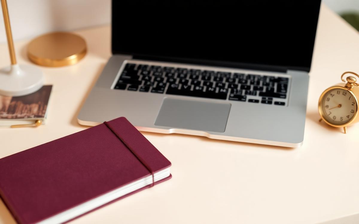 Notebook, plum zápisník a hodiny na stole