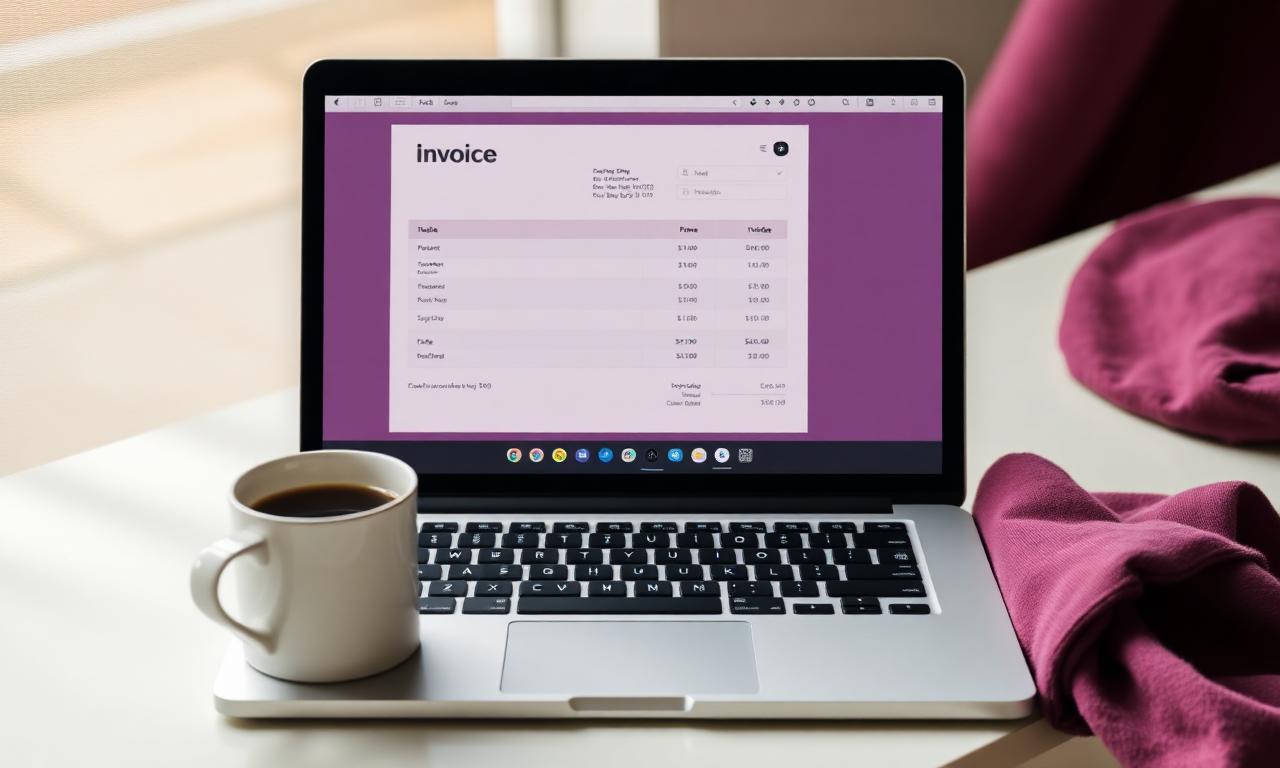 Notebook s otevřenou fakturou a hrnkem kávy na světlém stole