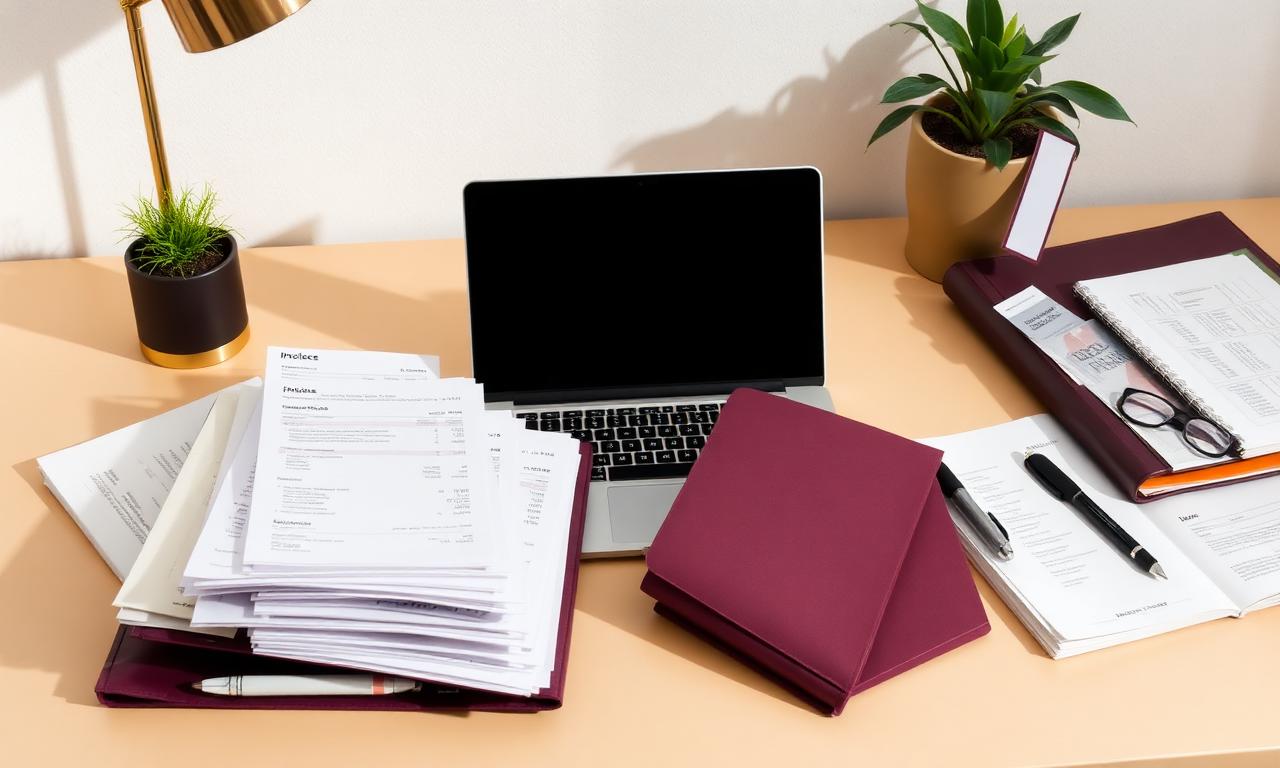 Uspořádané faktury, švestkové desky a notebook na krémovém stole